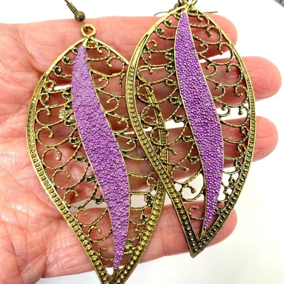 Goldtone Scrollwork Lavender Long Dangle Earrings - Picture 2 of 5